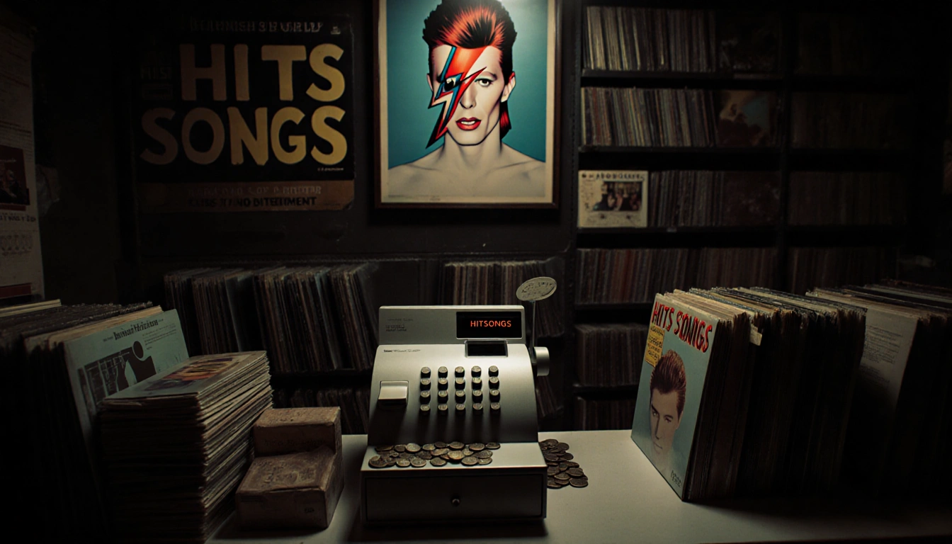 Old music store with vinyl shelves and a cash register full of coins near a vintage Bowie poster