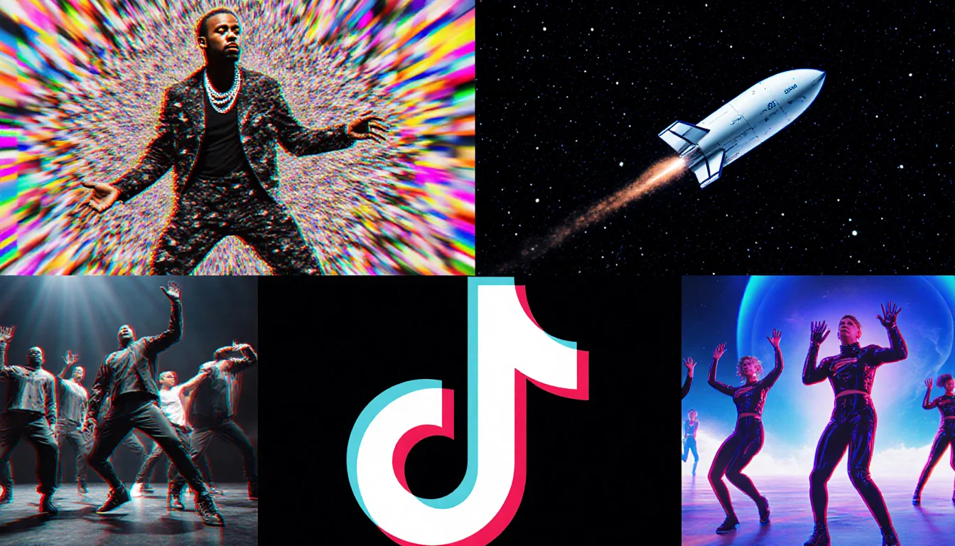 Kendrick Lamar performing on stadium stage in 2025 with a Blue Origin capsule soaring over stars.