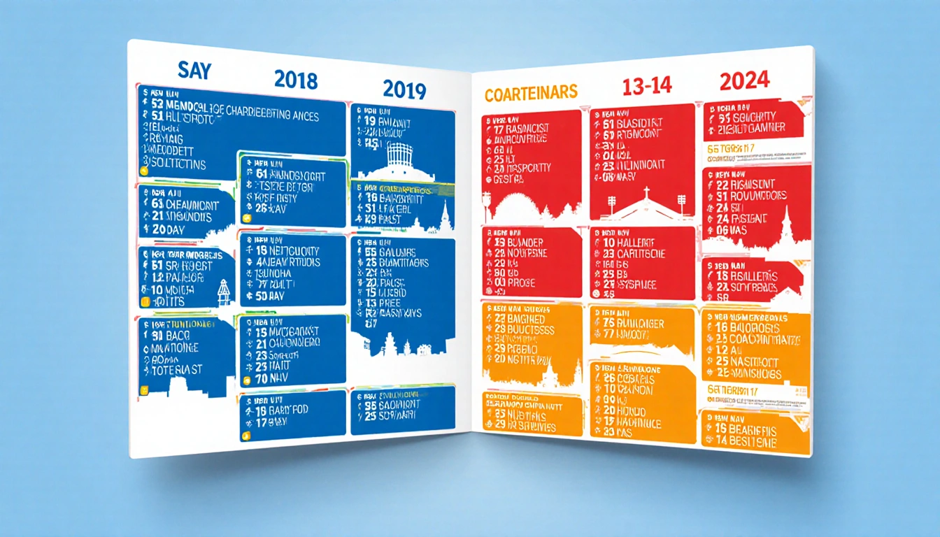 Split calendar unfolding tournament dates with blue pool play and red quarterfinals and gold championship stadium silhouettes