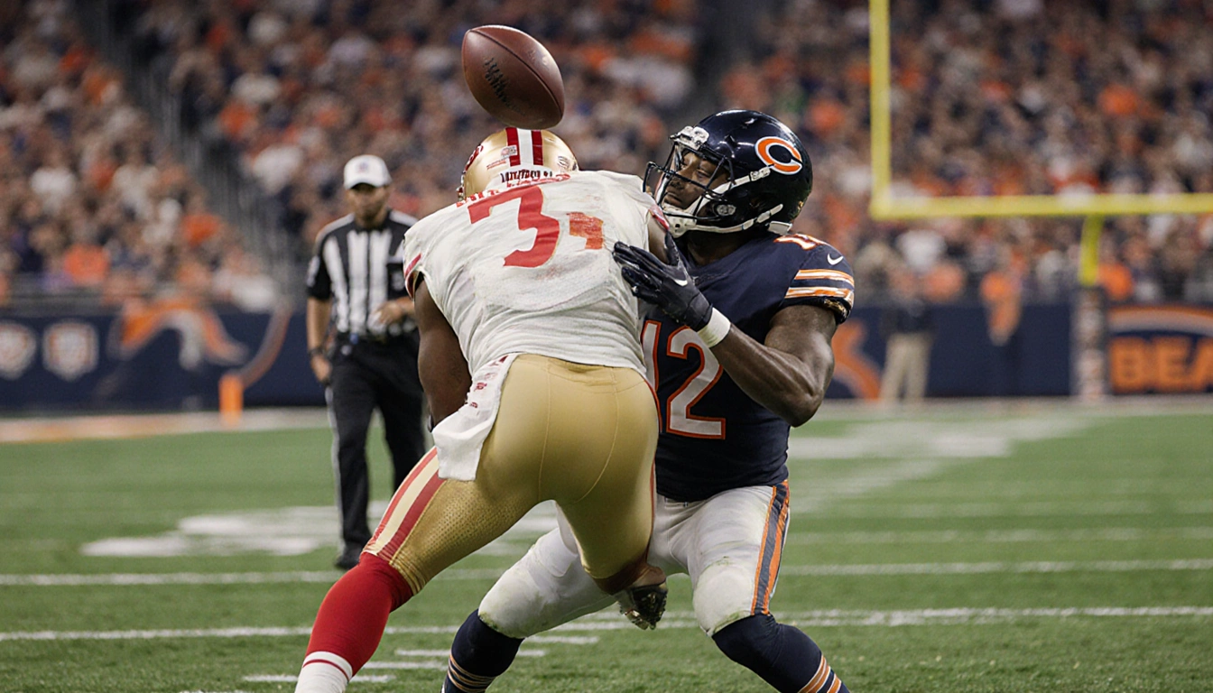 49ers player #5 tackles football with Bears player #12 blocking and Caleb Williams watching from sidelines in packed stadium