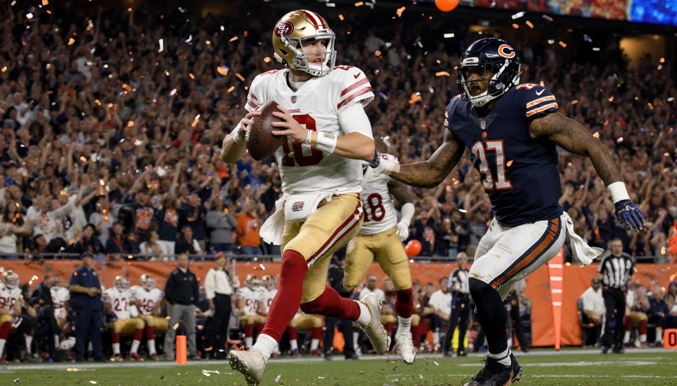 Brock Purdy throws a 49ers pass with Christian McCaffrey sprinting and a packed stadium crowd in the background