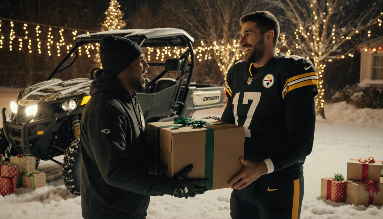 Aaron Rodgers handing a gleaming Can‑Am UTV to a shocked Steelers lineman with snow and holiday lights in the background