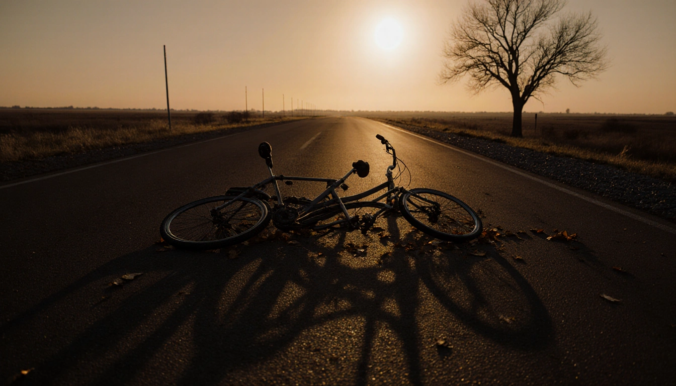 Abandoned bicycles lie on dark asphalt with sunrise glow and a lone tree in the distance.