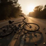 Abandoned bicycles lie angled on deserted road with early morning sunlight filtering through trees