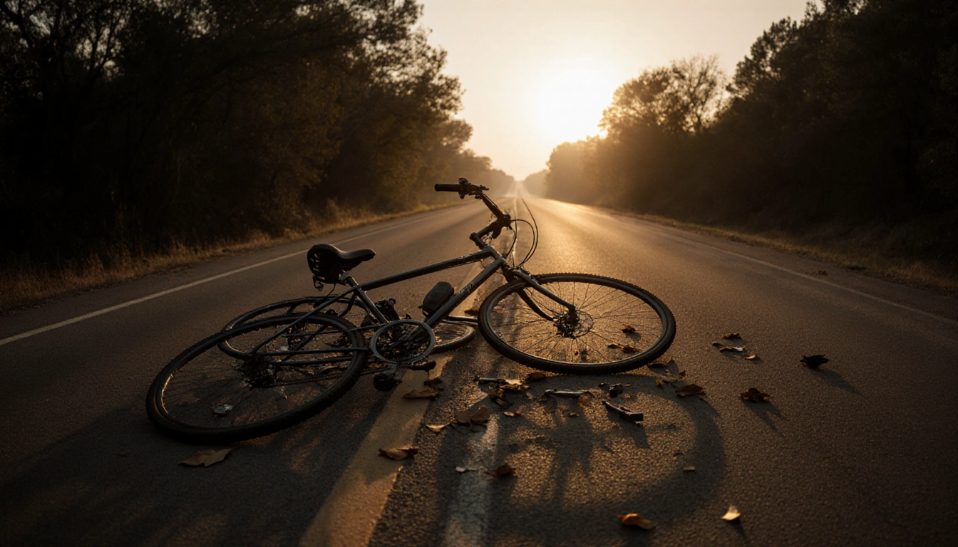 Abandoned bicycles lie angled on deserted road with early morning sunlight filtering through trees