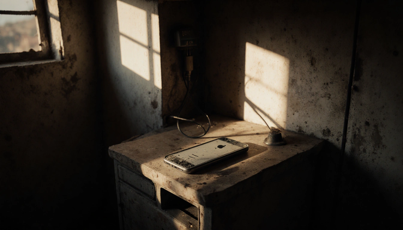 Abandoned charging station holds cracked iPhone 16e with warm light and long shadows.