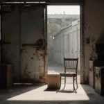 Chair stands before dusty box with rusted metal door in dimly lit abandoned storage unit