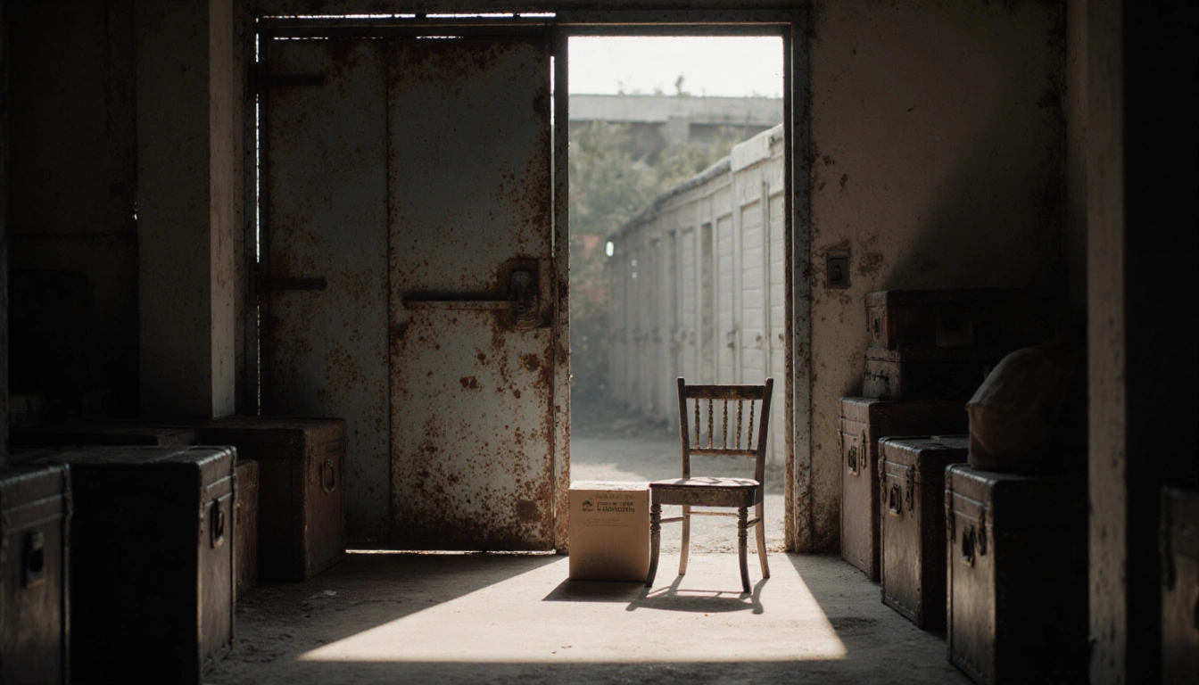 Chair stands before dusty box with rusted metal door in dimly lit abandoned storage unit