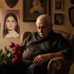 Abraham Quintanilla Jr. sits with head bowed in a worn armchair and roses beside him and photos of Selena in background