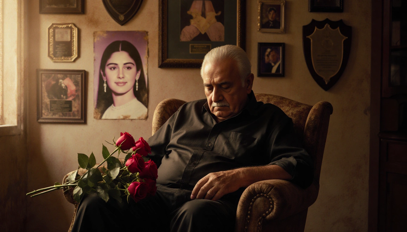 Abraham Quintanilla Jr. sits with head bowed in a worn armchair and roses beside him and photos of Selena in background