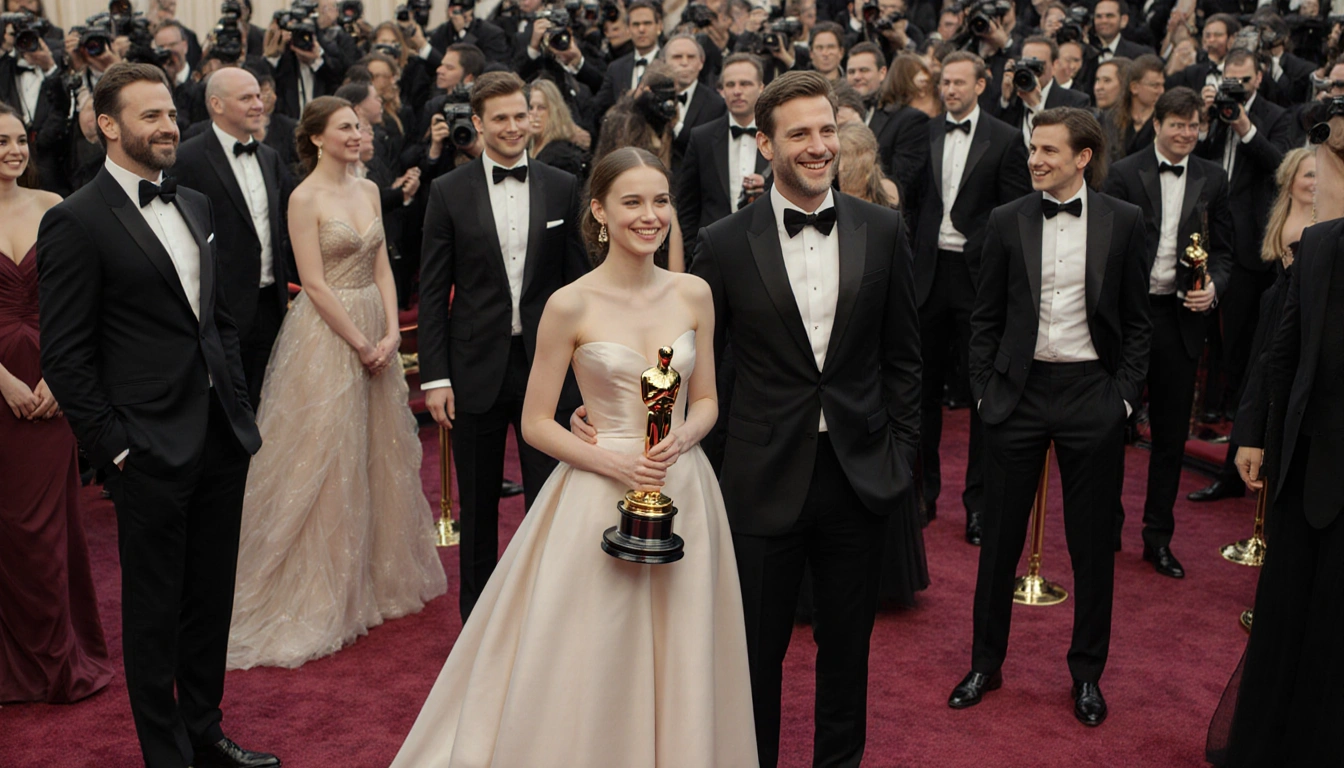 Young actress holding her Oscar nomination with a glamorous red carpet and flashing camera shutters at the Oscars