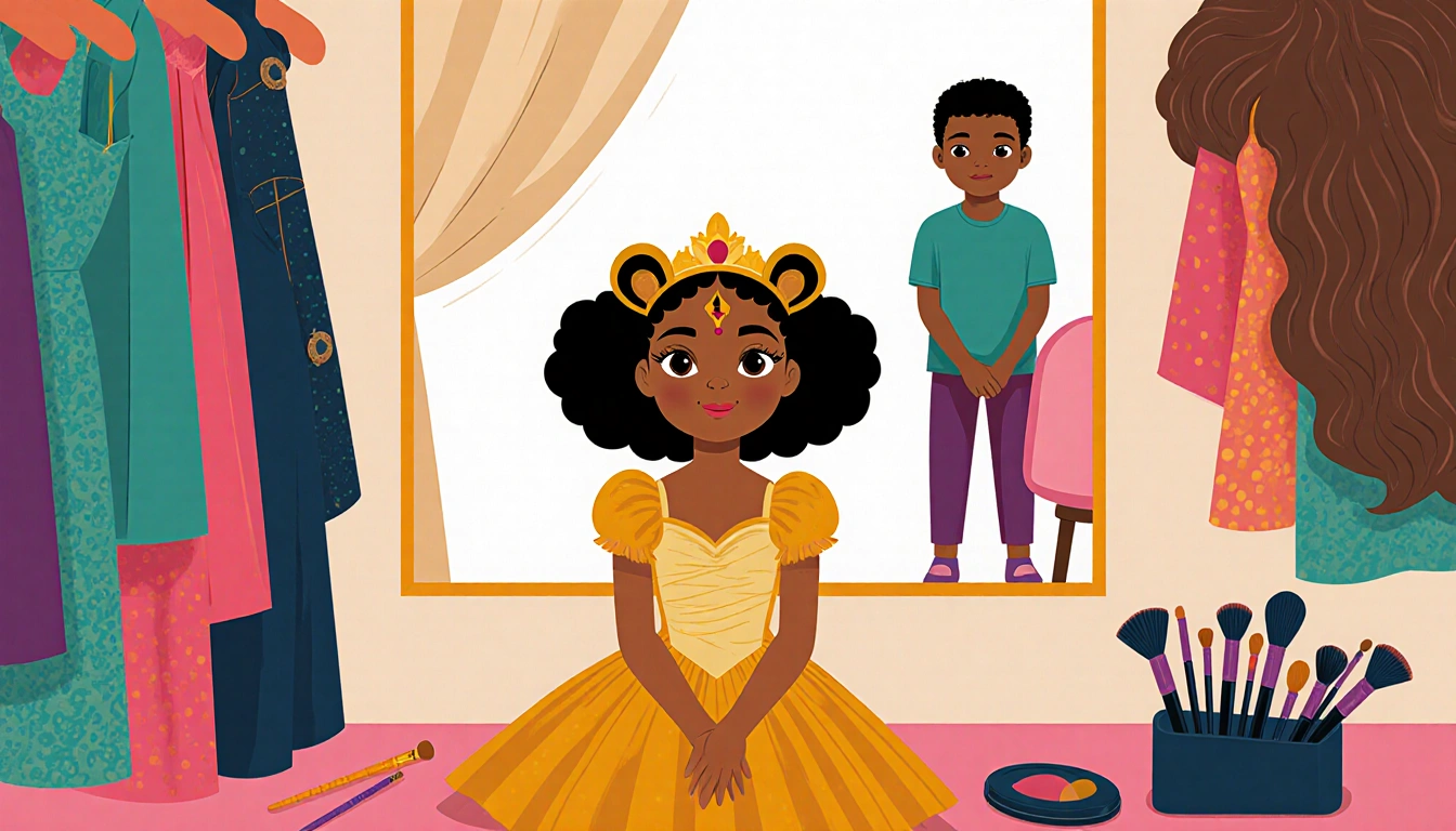 Young actress sits before a mirror wearing Nala costume with a proud smile and a child peeking from behind a curtain