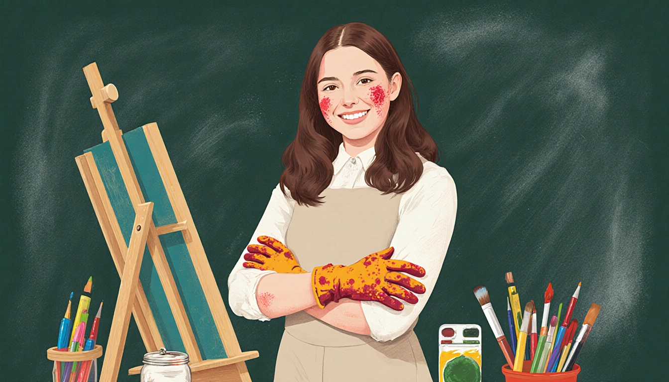 Ada stands beside an easel smiling with paint-stained gloves and colorful art supplies near a chalkboard background
