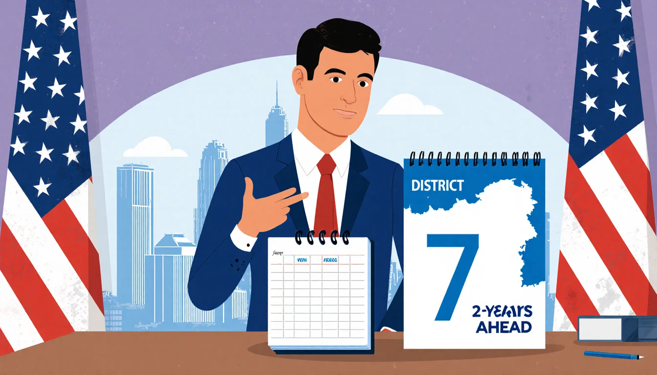 Adam Bazaldua gesturing toward a calendar with Dallas City backdrop with District 7 Dallas logo