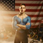 Adam Rippon stands confidently with golden flag backdrop and scattered Olympic equipment.