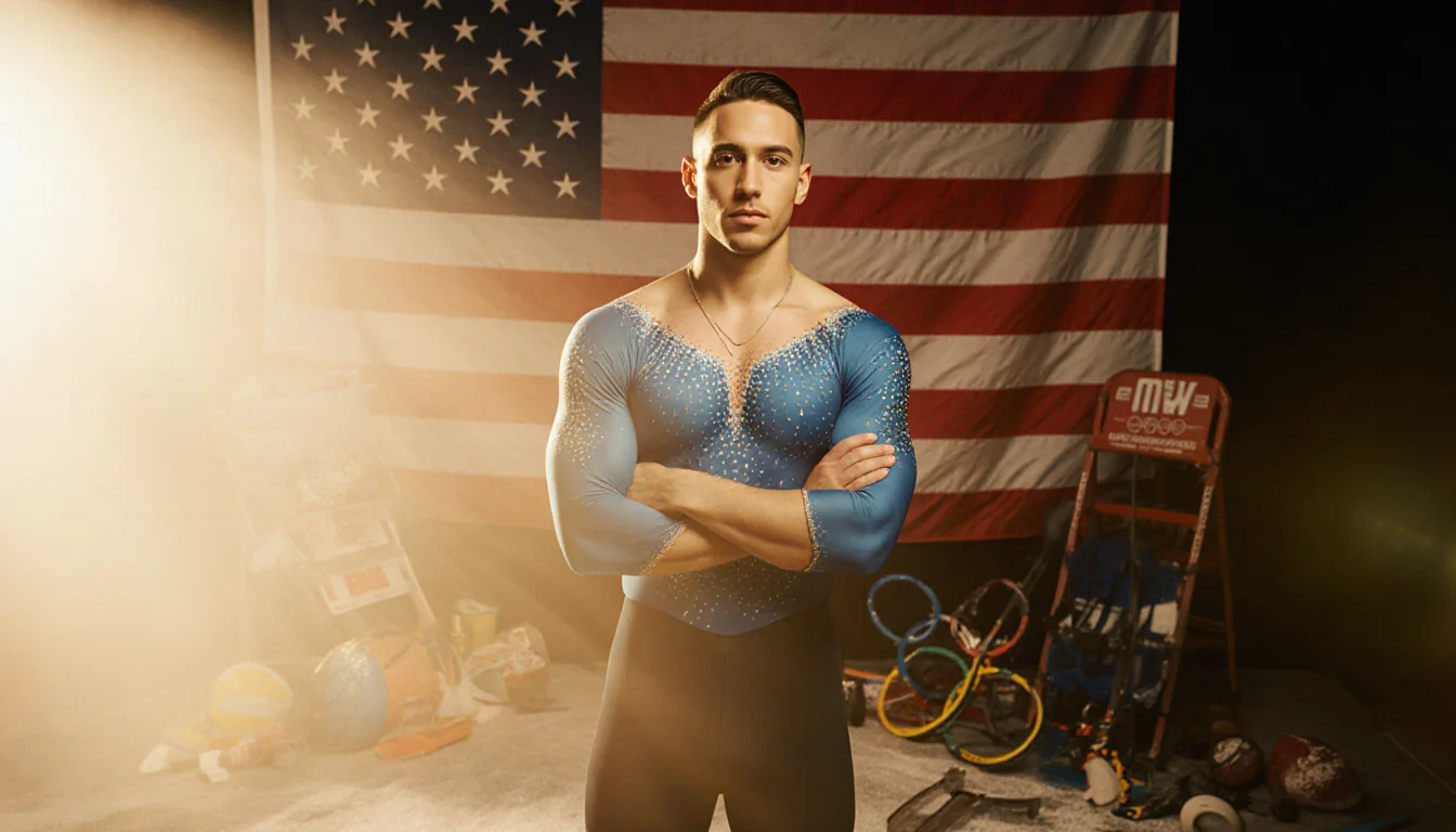 Adam Rippon stands confidently with golden flag backdrop and scattered Olympic equipment.