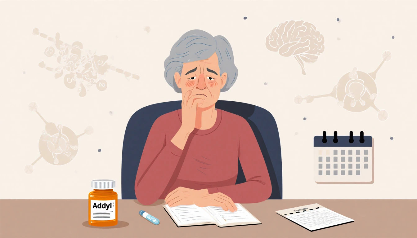 Woman in her fifties sits at a desk holding an Addyi bottle with a calendar nearby showing hormonal imbalance concern.