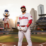Adolis García standing at plate with bat low and Phillies uniform with Phanatic mascot at Citizens Bank Park