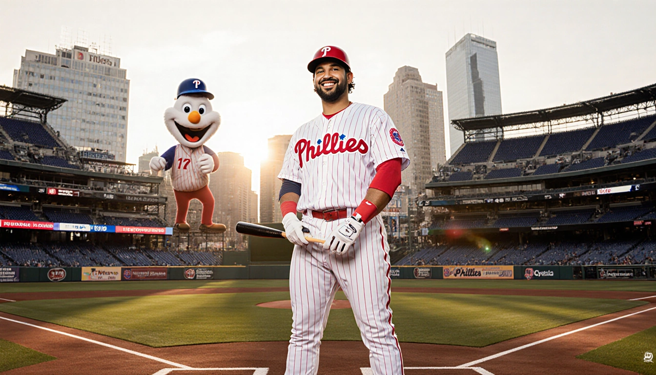 Adolis García standing at plate with bat low and Phillies uniform with Phanatic mascot at Citizens Bank Park