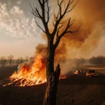 Charred tree trunk standing with fiery glow and burned landscape featuring firebreaks.