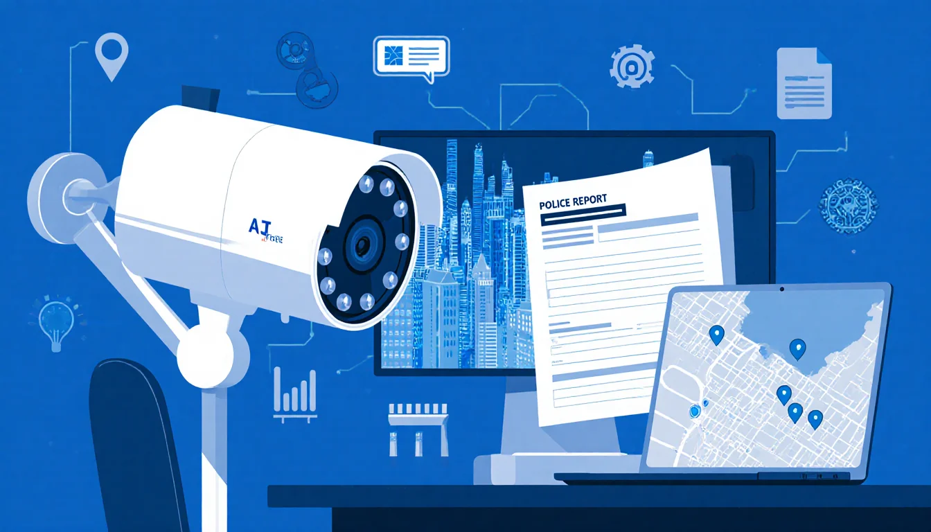 Police officer typing a report on a computer with AI tools visible behind the camera and a city map showing camera locations.