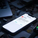Smartphone screen shows AI alert with glowing light illuminating cluttered desk and dim laptop and smartwatch in background