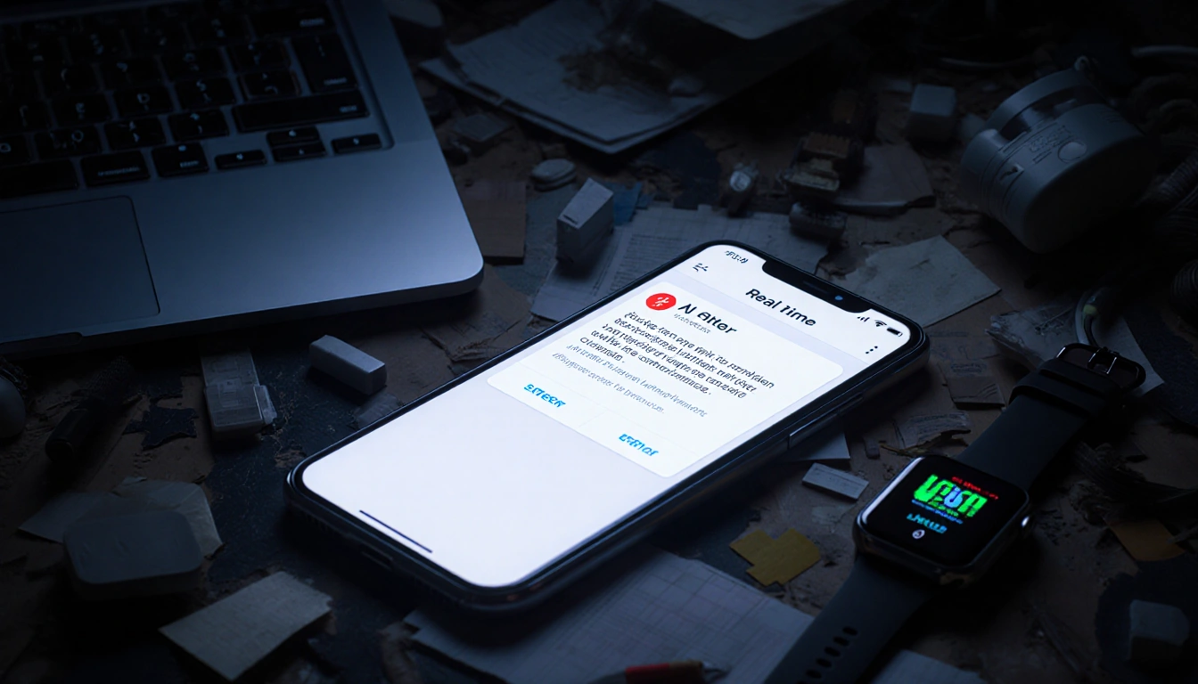 Smartphone screen shows AI alert with glowing light illuminating cluttered desk and dim laptop and smartwatch in background