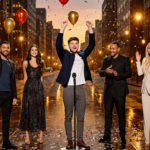 Aiden Ross stands triumphantly on stage with golden lighting and a cityscape dusk backdrop confetti celebrating his victory.