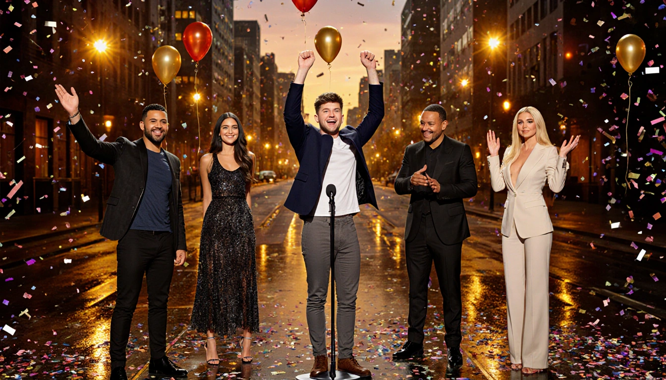 Aiden Ross stands triumphantly on stage with golden lighting and a cityscape dusk backdrop confetti celebrating his victory.