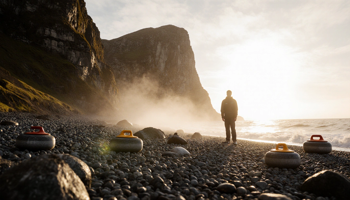 Lone curler standing with curling stone and mist swirling around feet on granite coast at dawn