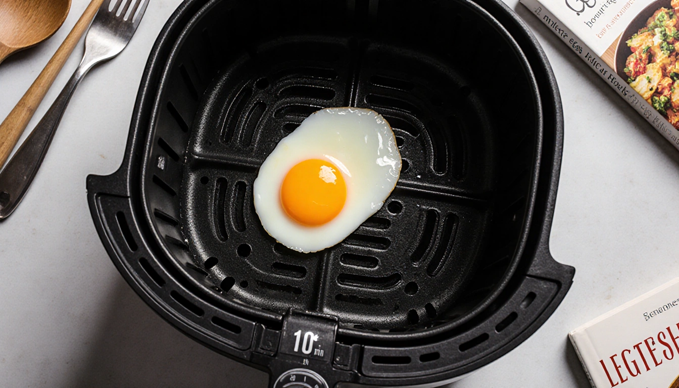 Egg sizzling in air fryer basket with timer at 10 minutes and kitchen utensils nearby