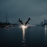 Two aircraft collide in dark silhouette with a single spotlight over the Potomac River and the fogged Washington DC skyline.