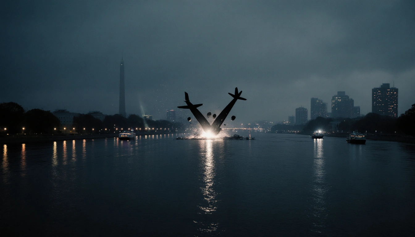 Two aircraft collide in dark silhouette with a single spotlight over the Potomac River and the fogged Washington DC skyline.