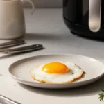 Air‑fried egg glows on plate with air fryer in background and fresh herbs