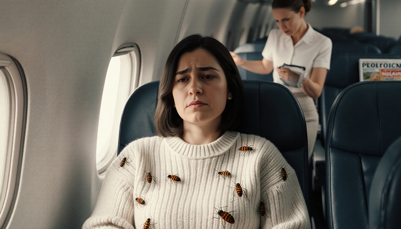 Mrs. Garcia looking concerned with bugs crawling on her sweater and a blurred flight attendant shushing her in an airplane.
