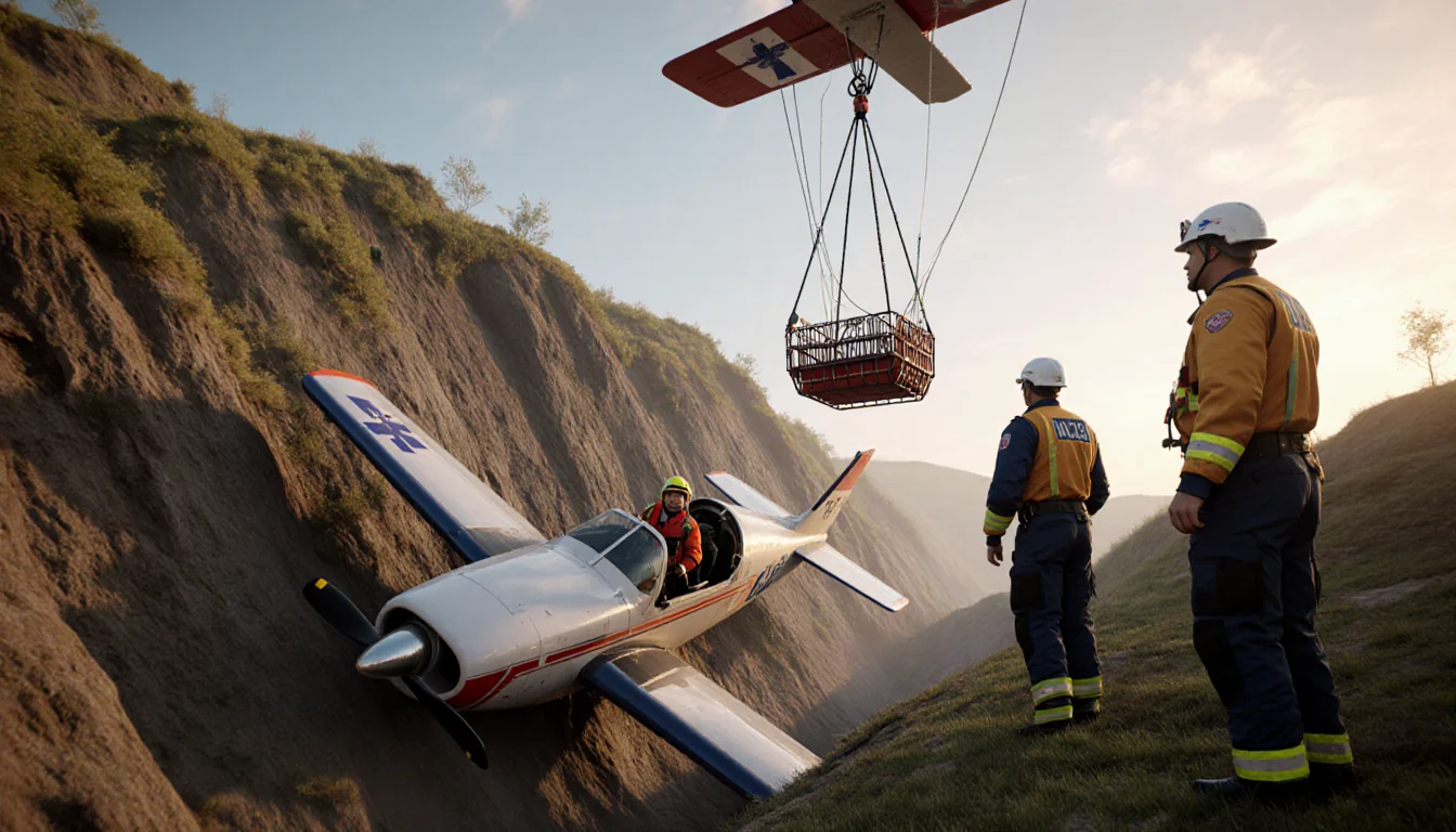 Rescue team lowers a stokes basket into a ditch with a trapped pilot and a banked terrain in the background