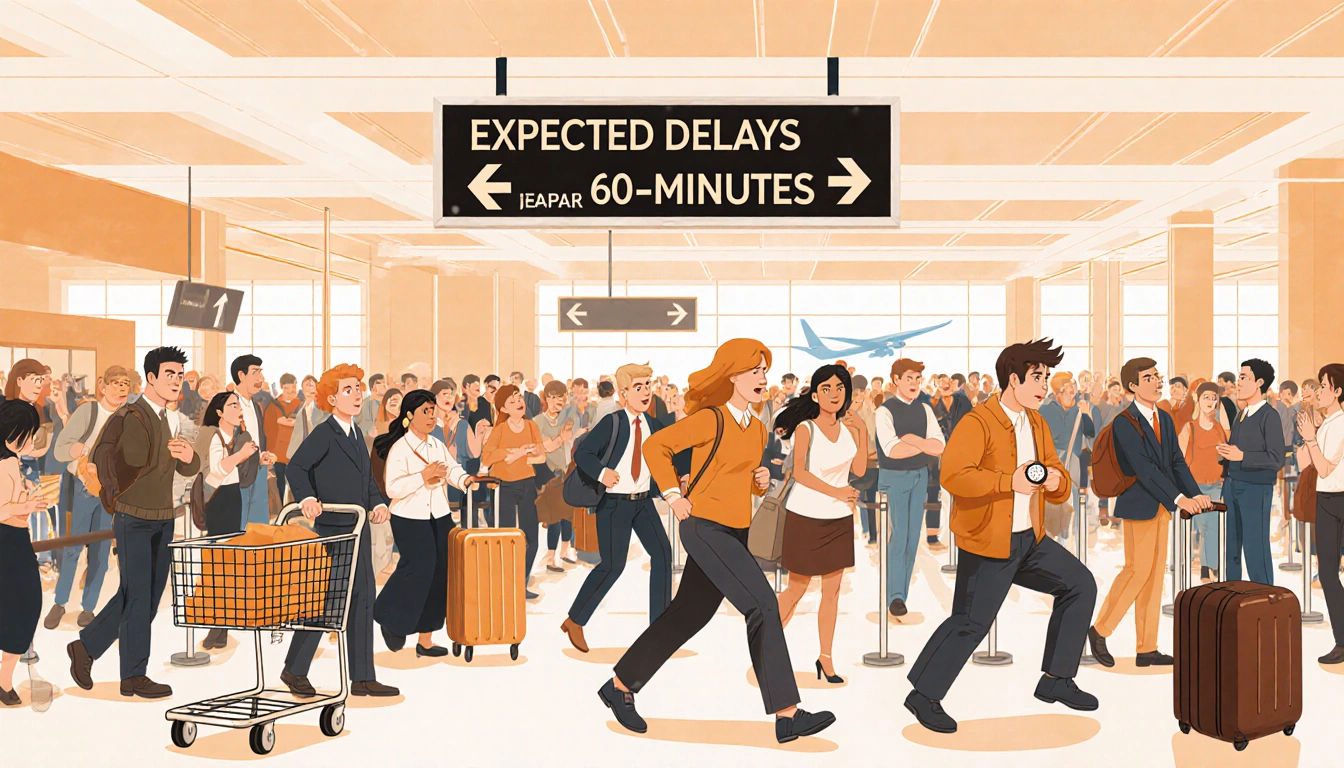 Travelers hurry through a crowded airport terminal with sign showing expected delays of 60-90 minutes and luggage carts.