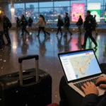 Holiday traveler sits on bench with laptop and tablet showing maps and suitcase revealing packing list in snowy city lights