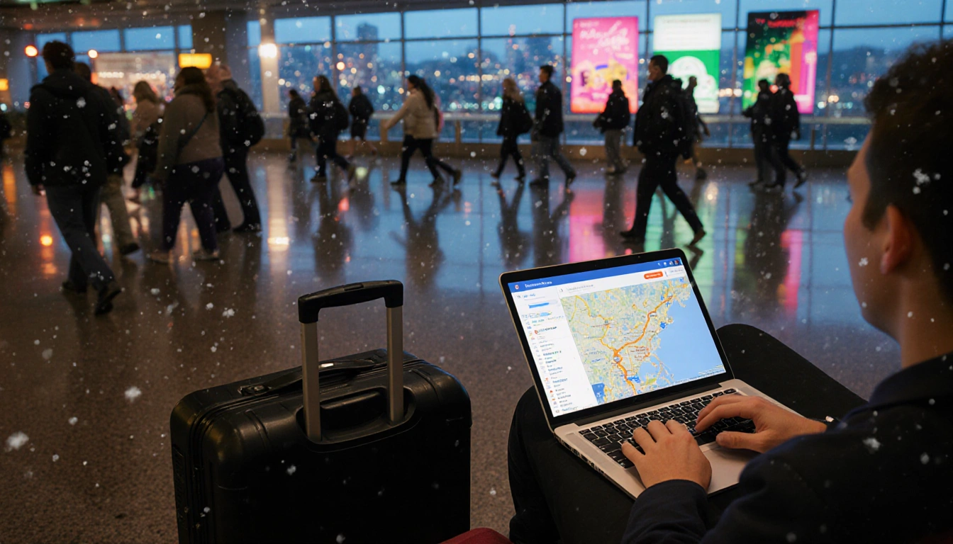 Holiday traveler sits on bench with laptop and tablet showing maps and suitcase revealing packing list in snowy city lights