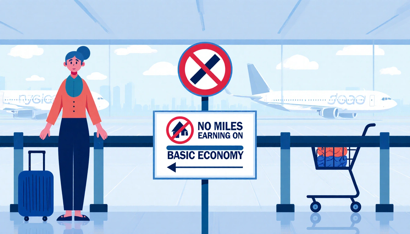 Traveler at airport gate looks upset with sign No Miles Earning on Basic Economy and arrow pointing to higher fare miles.