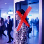 Woman walking through airport security checkpoint with holiday outfit and reflected in scanner screen with red X warning