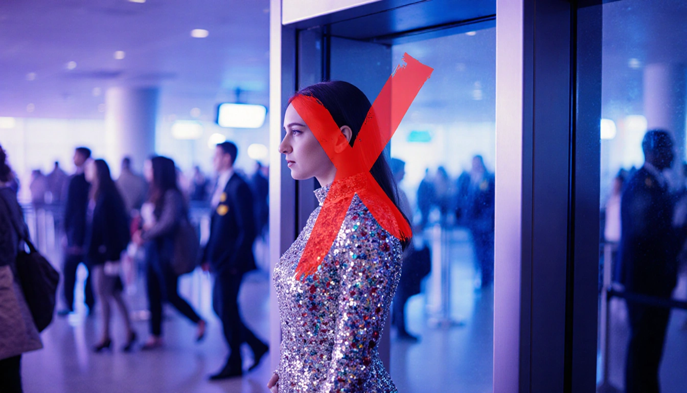 Woman walking through airport security checkpoint with holiday outfit and reflected in scanner screen with red X warning