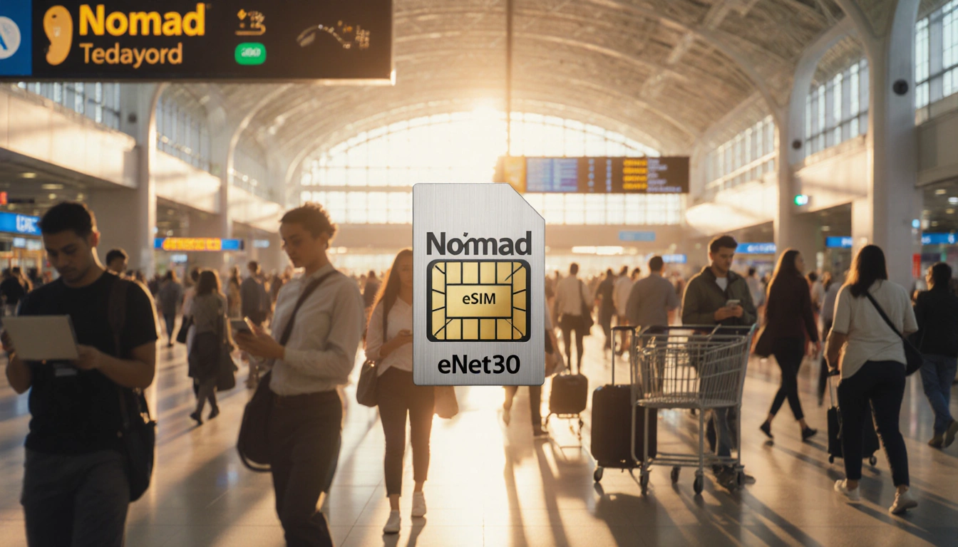 Travelers using eSIM devices with Nomad logo glowing in golden terminal lighting and blurred departure boards.
