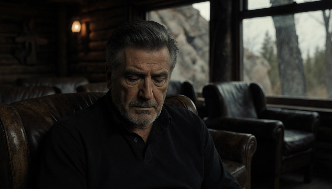Alec Baldwin sits in a dim cabin with leather armchairs and a soft spotlight on his introspective gaze