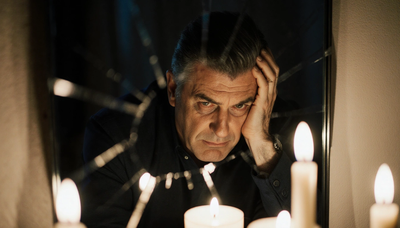 Alec Baldwin sits before a dimly lit mirror with candlelight and a faint crack in the glass.