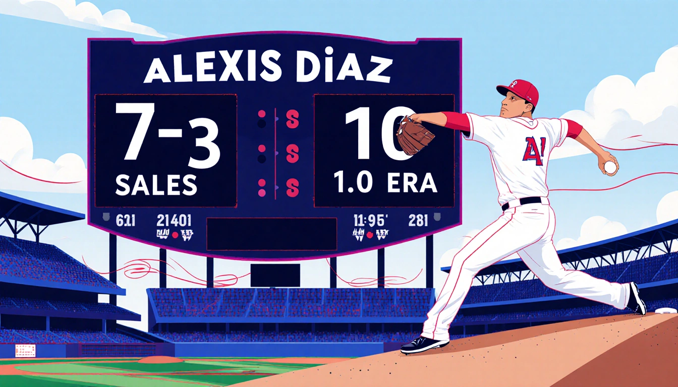 Alexis Díaz pitching with dynamic motion lines and bold scoreboard showing 7‑3 record 10 saves 1.84 ERA in baseball field