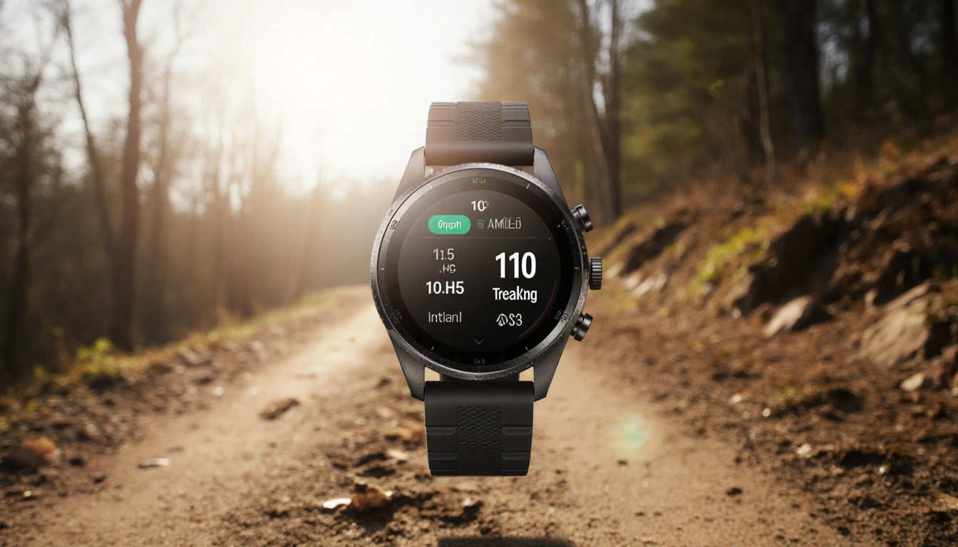 Amazfit Active Max sports watch rests on a worn outdoor trail with warm sunlight and a visible fitness tracking screen.
