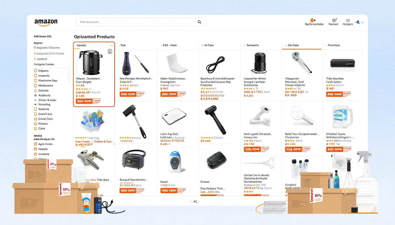 Amazon grid showcasing gadgets kitchen tools and personal care items with bold 50% discount tags