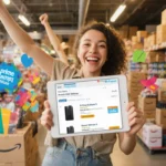 Person excitedly holding a tablet showing Prime Day deal with Amazon storefront and colorful product swatches around