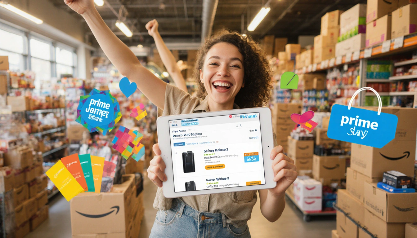 Person excitedly holding a tablet showing Prime Day deal with Amazon storefront and colorful product swatches around
